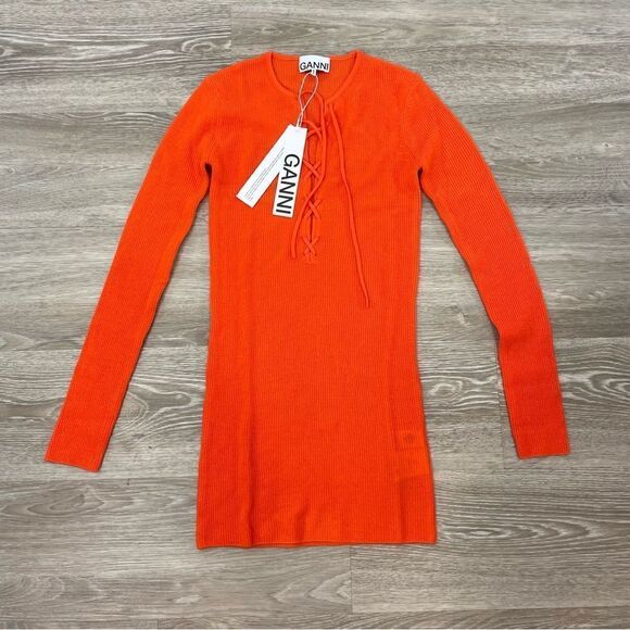 GANNI Wool Pullover Jumper Size XXS Thin Knit Lace Up Front Long Sleeves RRP€144 - Picture 2 of 7